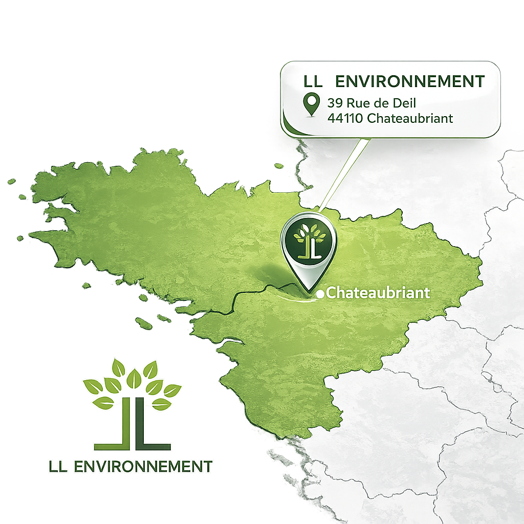 Carte de la zone d'intervention de LL Environnement autour de Châteaubriant, Pays de la Loire et Bretagne